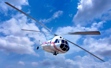 Mavi gökyüzündeki bulutlu helikopter. Seçici odak