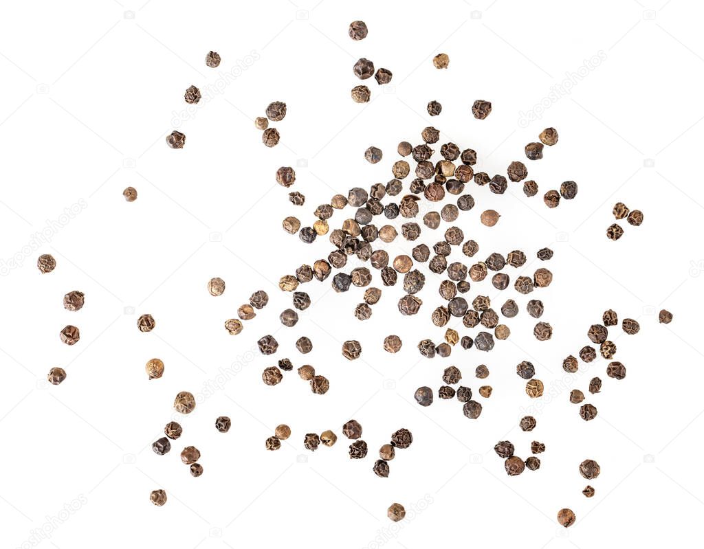 balck pepper isolated on white background. Black peppercorns macro closeup top view