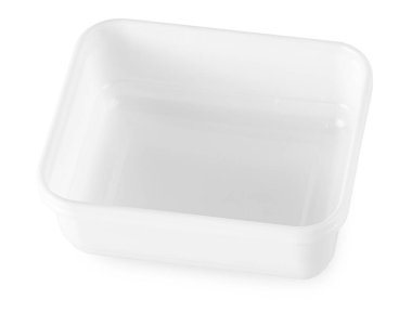 Kırpma yolu beyaza izole edilmiş kare beyaz plastik kase.