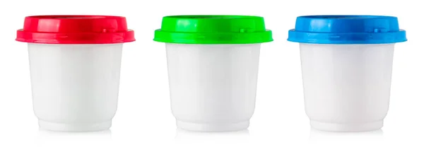 Die Plastikflaschen Mit Farbigem Deckel Für Lebensmittel Isoliert Auf Weiß — Stockfoto