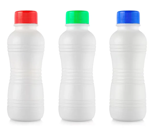 Les Bouteilles Plastique Blanc Opaque Avec Fond Blanc Lidon Coloré — Photo