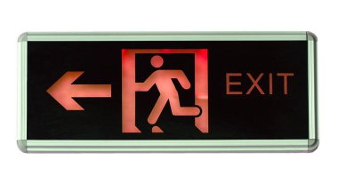 Aydınlatılmış kırmızı acil çıkış işareti. Kapat.