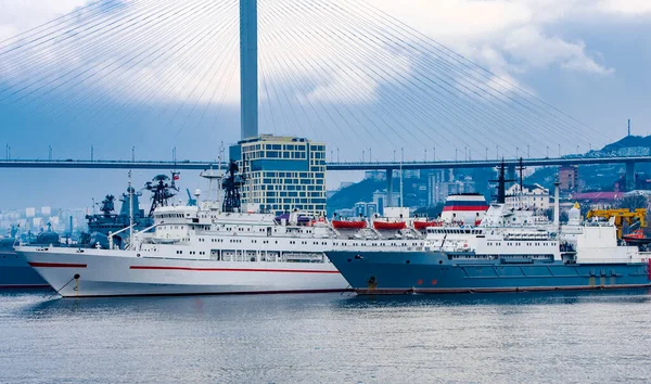 Marine Station. Rescue ships in Vladivostok, Russia. Selective focus