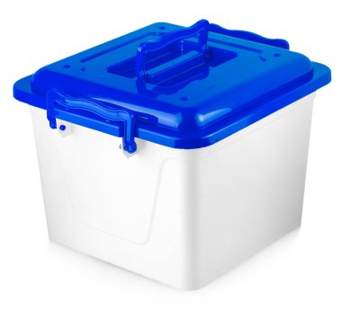 Beyaz kapaklı beyaz plastik kutu.