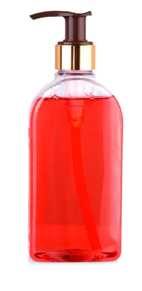 Beyaz zemin üzerinde sıvı sabun bulunan şeffaf şişeyi kapat — Stok fotoğraf