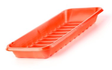 Kırmızı plastik sofra takımı yiyecek kabı beyaz arkaplan üzerinde izole