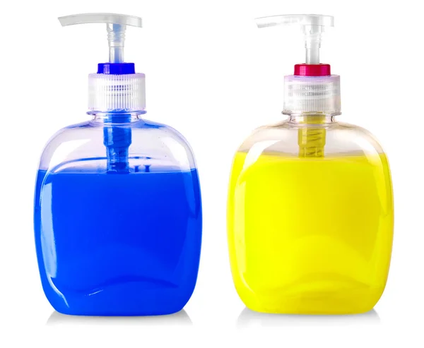 Botella de plástico del jabón líquido transparente de color aislado sobre fondo blanco —  Fotos de Stock
