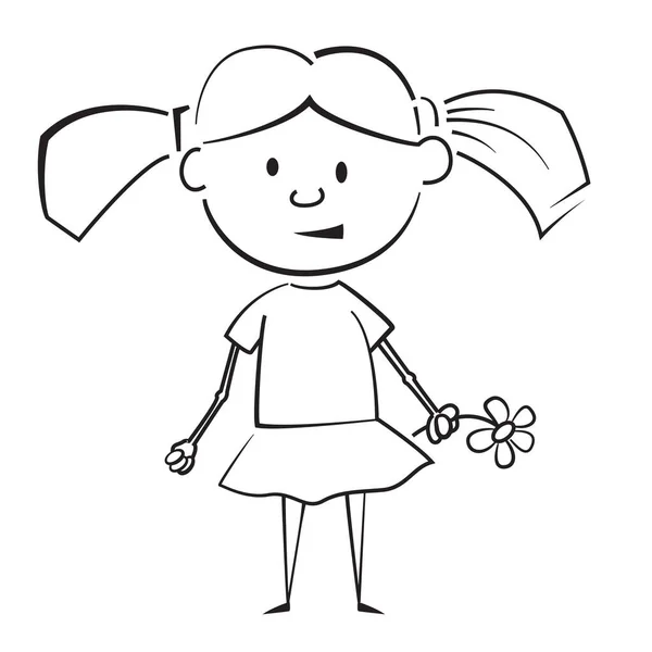 Bambini Disegno Ragazza Con Fiore Vettore Illustrazione Bianco Nero — Vettoriale Stock