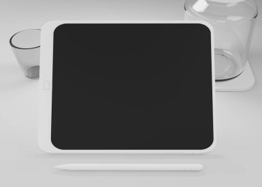 3d beyaz Tablet bilgisayarını boş siyah beyaz ekran ile izole et. Beyaz cihaz PC. Boş ekranlı ped. Model ürün. Kavanoz ve kahve bardağıyla.