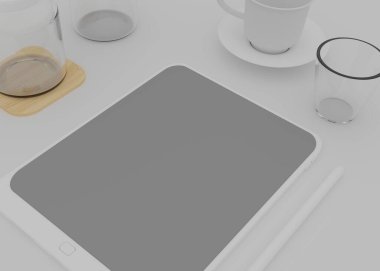 3d beyaz Tablet bilgisayarını boş siyah beyaz ekran ile izole et. Beyaz cihaz PC. Boş ekranlı ped. Model ürün. Kavanoz ve kahve bardağıyla.
