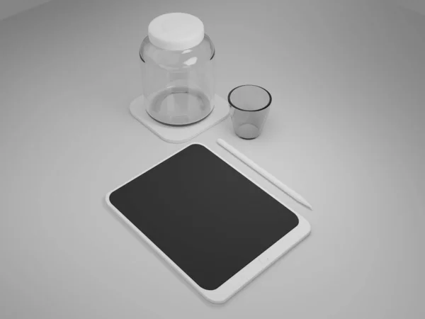 Renderowanie Biały Komputer Tablet Pustym Czarno Białym Ekranem Izolowane Biały — Zdjęcie stockowe