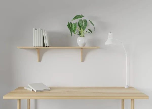 Rendre Bureau Travail Étagère Avec Fond Blanc Livre Blanc Lampe — Photo