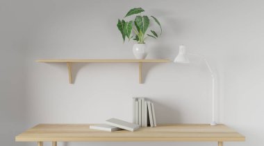 3D render Çalışma masası ve beyaz arkaplan rafı. Boş kitap, masa lambası ve rafta yeşil bitki. En az çalışma alanı. duvar konsepti şablonu.