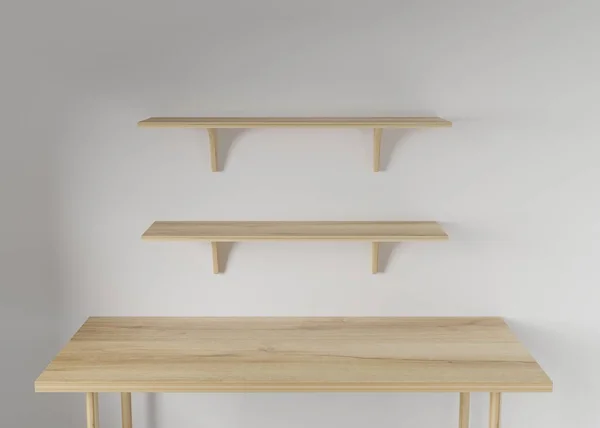 3D渲染为白色背景的工作台 木桌和木架 最小的工作空间 墙壁概念模板 — 图库照片