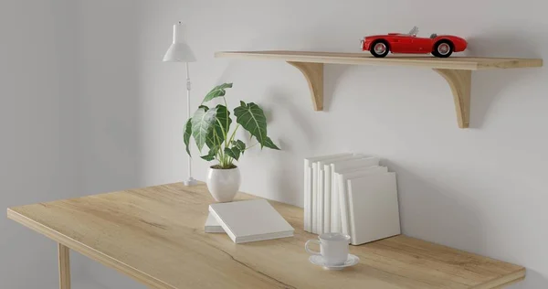 Render Bureau Plank Met Witte Achtergrond Blanco Boek Automodel Bureaulamp — Stockfoto