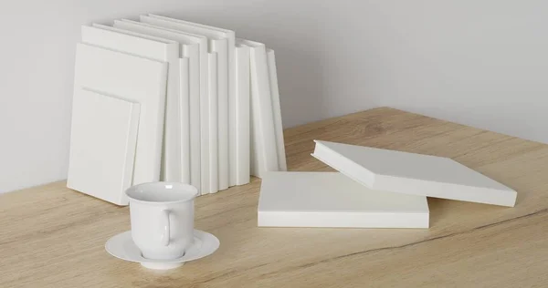 Render Çalışma Masası Beyaz Arkaplan Boş Kitap Kahve Fincanı Çalışma — Stok fotoğraf