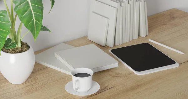 3Dレンダリング白い背景を持つ作業机 木のテーブルの上にタブレット 白い本 緑の植物とコーヒーカップ 最小限のスペース 壁のインテリアデザインコンセプトテンプレート — ストック写真