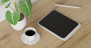 3D render çalışma masası beyaz arkaplan. Tablet kalem, yeşil bitki ve sehpanın üzerinde kahve fincanı. En az çalışma alanı. Basit duvar iç tasarım konsept şablonu.