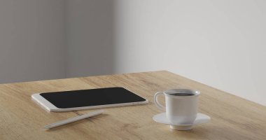 3 boyutlu kahve fincanı ve tablet kalemi ahşap masada. En az çalışma alanı. Duvar şablonu. Kupada sıcak kahve. kafe ve dinlendirici şablon.