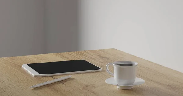 Hacer Taza Café Lápiz Tableta Mesa Madera Espacio Trabajo Mínimo —  Fotos de Stock