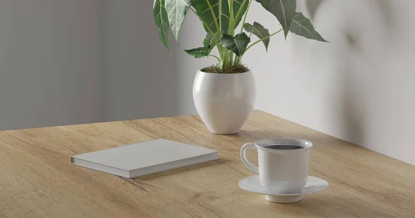 3d render coffee cup, green plant and blank book on wood table. minimal workspace. wall concept template. hot coffee in mug. cafe and resturant template.