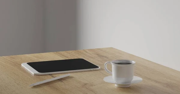 Maken Koffiekop Tablet Potlood Houten Tafel Minimale Werkruimte Muur Concept — Stockfoto