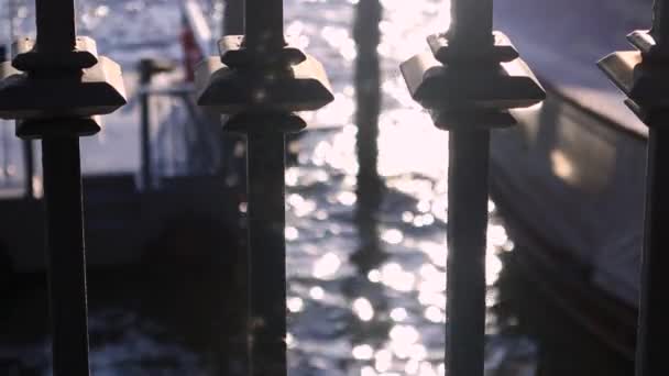 濁った水面を背景にした鉄柵の柱 — ストック動画