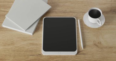 3D kahve fincanı, boş kitap ve tahta masanın üzerindeki tablet kalem. En az çalışma alanı. Duvar şablonu. Kupada sıcak kahve. kafe ve dinlendirici şablon.