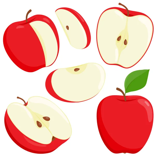 Manzanas Rojas Enteras Rebanadas Ilustración Vectorial — Vector de stock