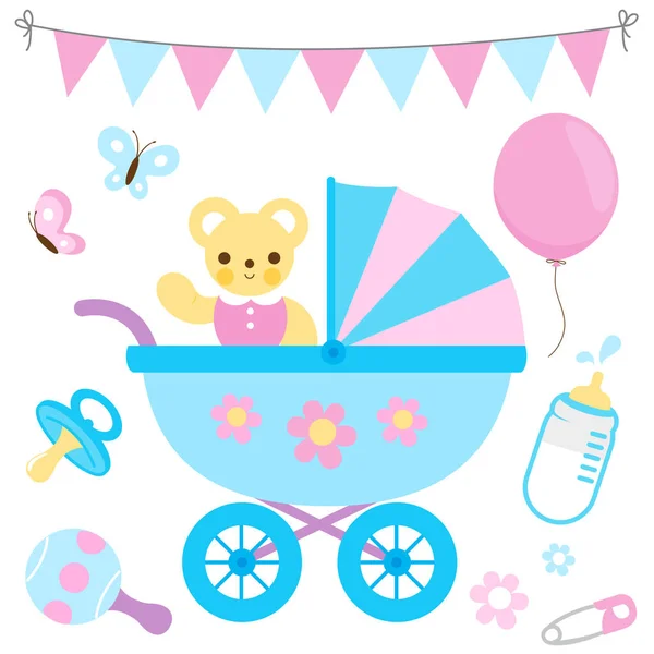 赤ちゃんベビーカーやアクセサリーで青とピンクの色 ベクトル集 — ストックベクタ