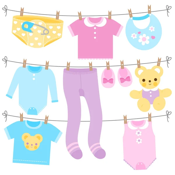 Babykleidung Den Farben Blau Gelb Lila Und Rosa Vektorsammlung — Stockvektor