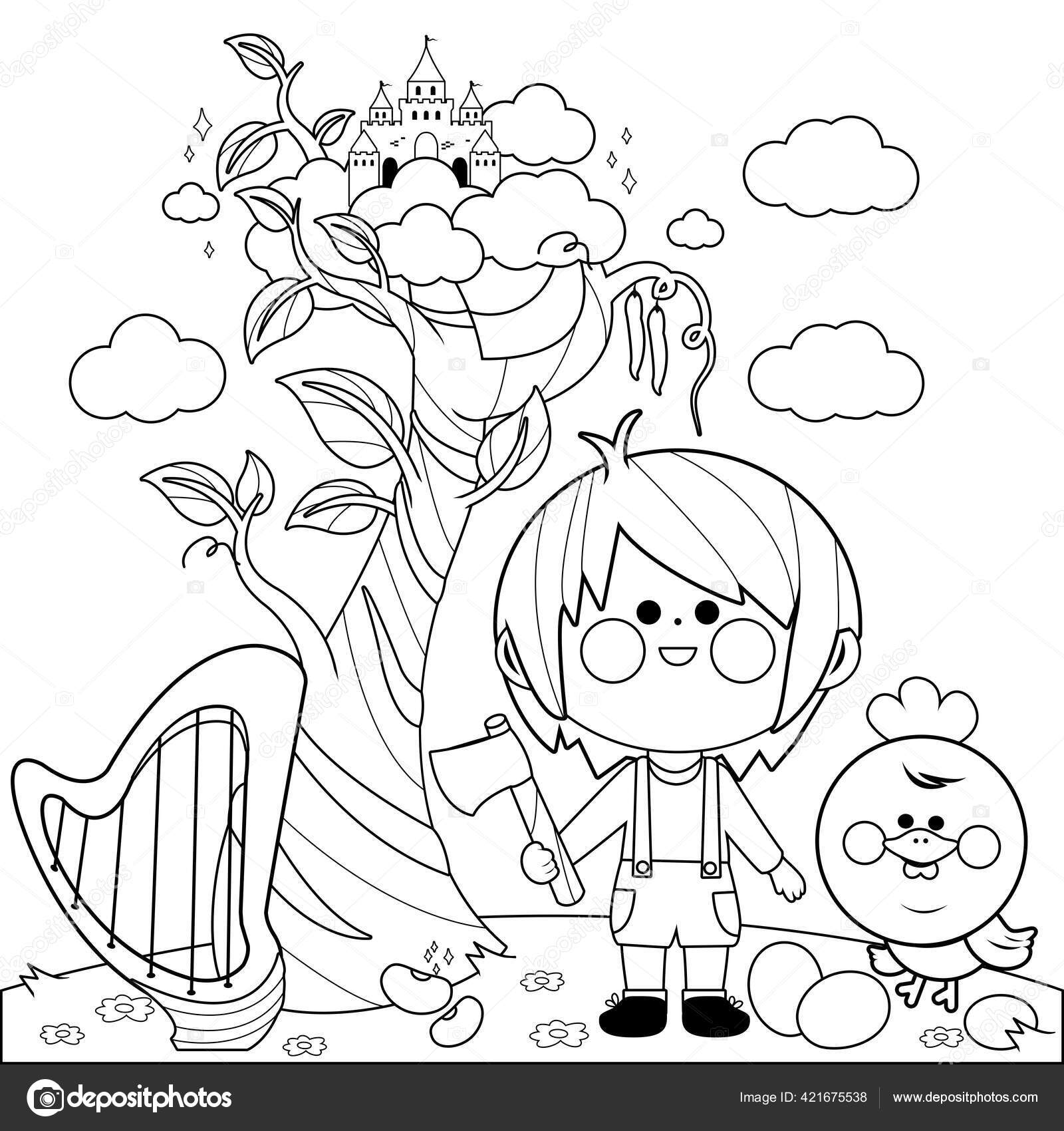 Jack Magic Beanstalk Vector Black White Coloring Page Stock Vector