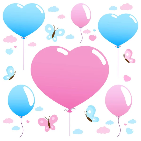 Ροζ Και Μπλε Μπαλόνια Και Πεταλούδες Που Πετούν Στον Ουρανό — Διανυσματικό Αρχείο