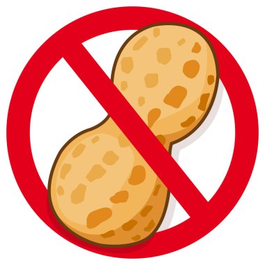 Peanut in red prohibition sign promoting peanut free food for allergy. No peanuts in food. Vector illustration