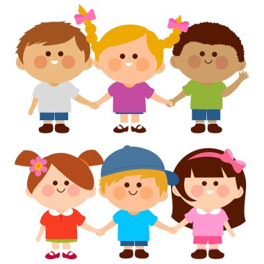 Happy children. Group of diverse kids standing in a row holding hands. Friendship concept. Vector illustration