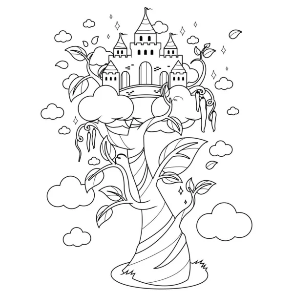 Magic beanstalk and castle in the clouds. Fairy tale for children, Jack and the beanstalk. Tower in the clouds on a tall magical beanstalk tree plant growing. Vector black and white coloring page.