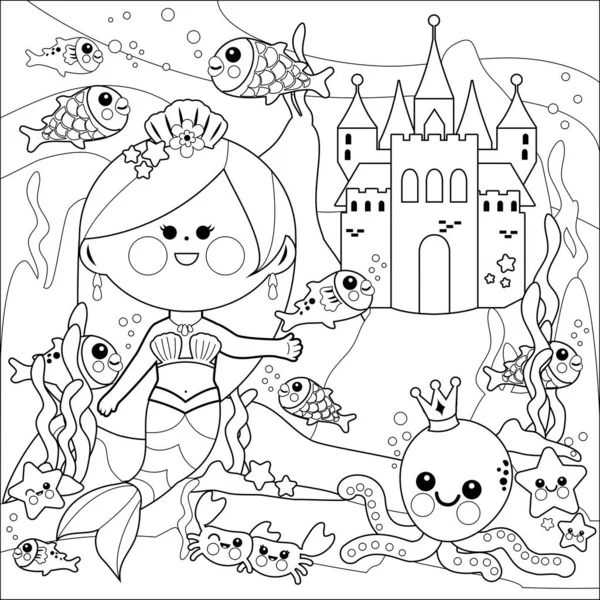 Beautiful mermaid underwater, castle and sea animals. Vector black and white coloring page