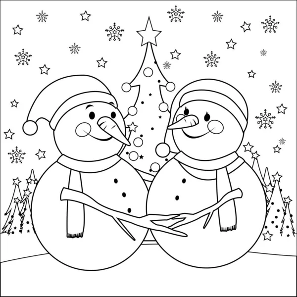 Lindos Muñecos Nieve Navidad Vector Blanco Negro Para Colorear Página — Archivo Imágenes Vectoriales