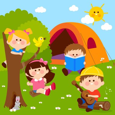 Children in a forest camping site playing and reading. Kids in a mountain park vacation relax and have fun. Vector illustration