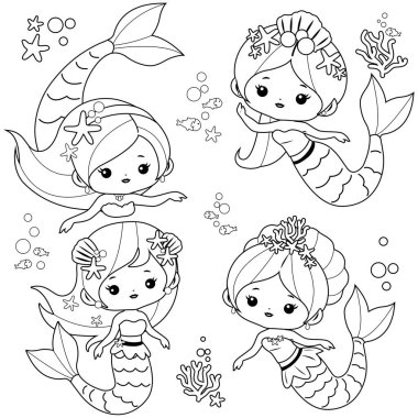 Cute mermaids set and sea animals. Beautiful mermaid princess girls with cute hair and outfits. Vector black and white coloring page