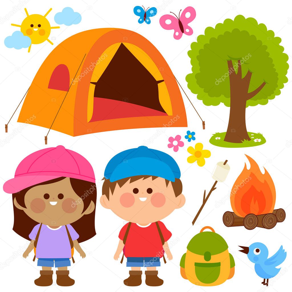 Happy children in a camping site. Vector illustration set