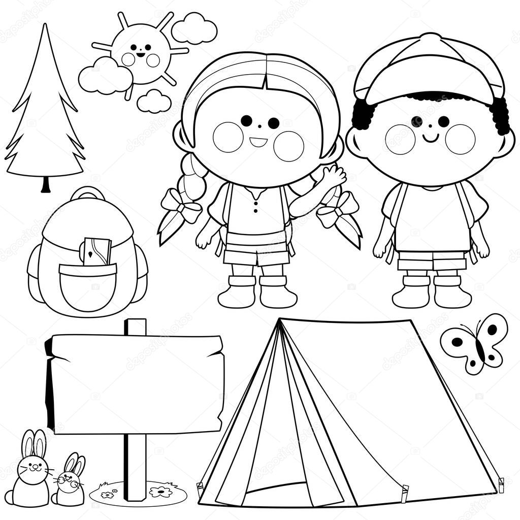 Happy children in a camping site. Vector black and white coloring page
