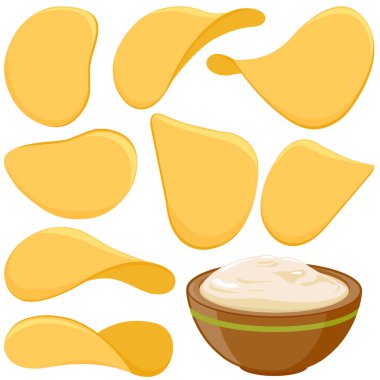 Potatoes, French fries, crisps and chips with cheese or mayonnaise dip. Potato chips and bowl with dipping sauce. Vector illustration