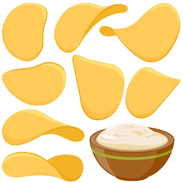 Patatas Fritas Tazón Con Salsa Inmersión Ilustración Vectorial — Vector de stock