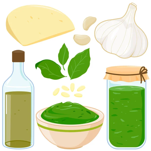 Υλικά Για Παραδοσιακή Ιταλική Σάλτσα Πέστο Μπολ Και Βάζο Σάλτσα — Διανυσματικό Αρχείο