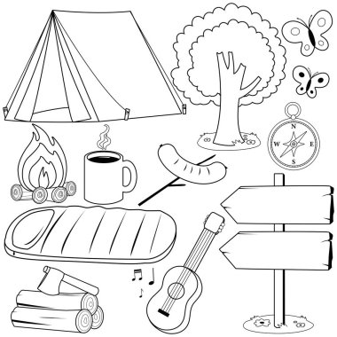 Camping equipment collection. Sea and mountain hiking vacations set. Camping tent, sleeping bag, compass. Holidays in nature. Vector black and white coloring page