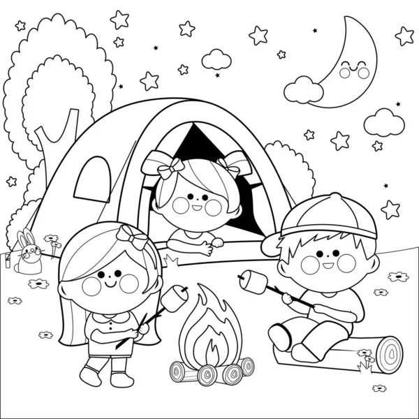 Children in a forest camping site roasting marshmallows on a bonfire at night. Boys and girls in a mountain vacation. Vector black and white coloring page