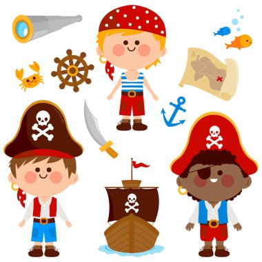 Pirates in the sea, pirate ship, treasure map, sailor adventures set. Children boys in pirate costumes play with swords. Pirate boys, a pirate ship and other pirate themed illustrations. Vector illustration set