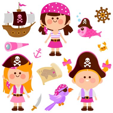 Girls with pirate costumes, a ship and other pirate themed illustrations. Pirate girls. Pirates in the sea, pirate ship, treasure map, parrot, sailor adventures set. Children girls in pirate costumes play with swords. Vector illustration collection.