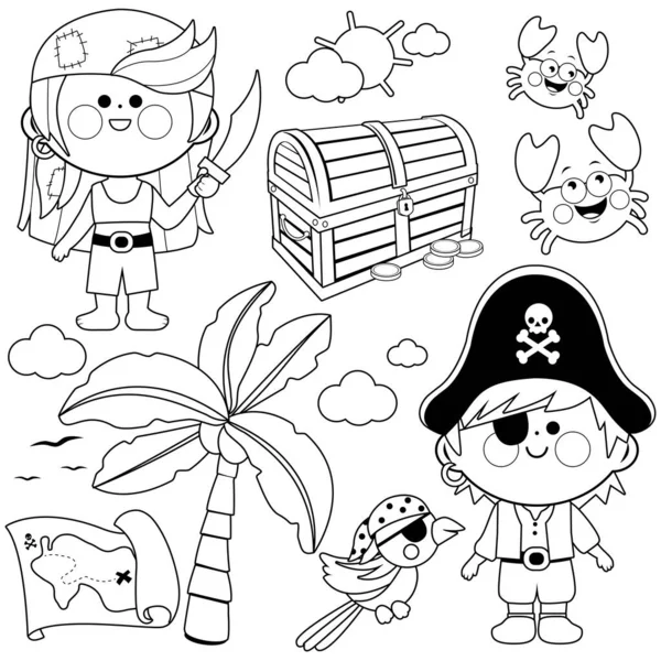 Dzieci Przebrane Piratów Inne Pirackie Ilustracje Tematyczne Wektor Czarno Biały — Wektor stockowy